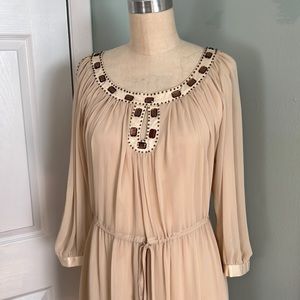 Eci cream 3/4 length open sleeve dress. 100% poly. Tie waist. Size 10